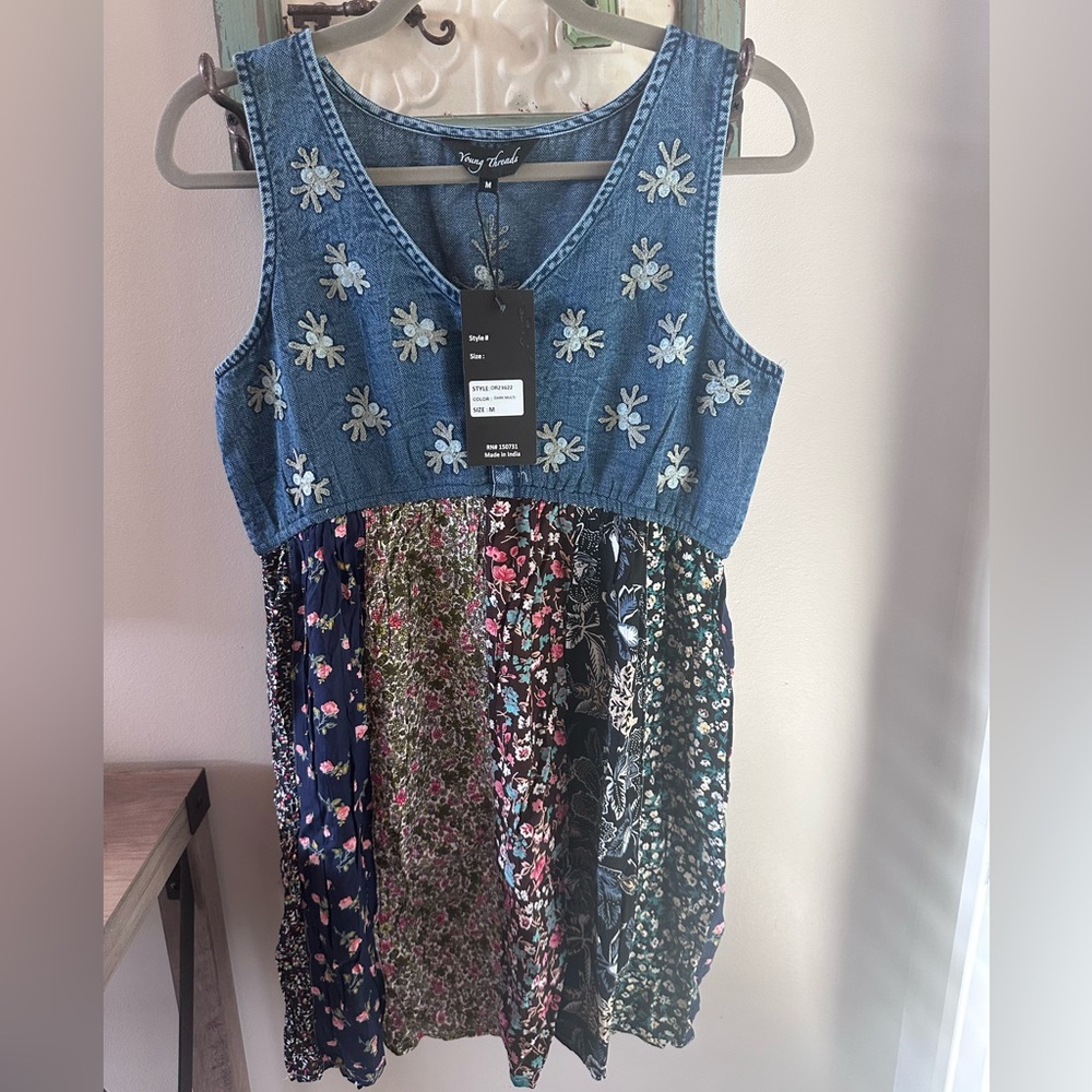 NWT Young Threads Boho Floral Patchwork mini Denim Dress size medium